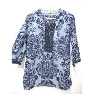Robert Graham Womens Tunic Shirt Top S Indian V-Neck 3/4 Sleeve Moroccan Beaded